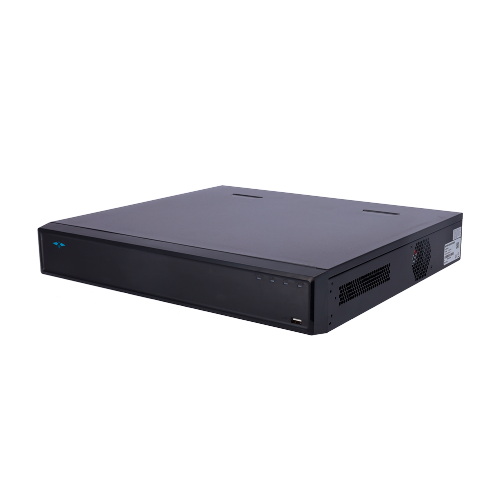 NVR X-Security 16 Canais 4K IA - Gravador Profissional com Reconhecimento Facial e ANPR Rádio receptor preto com botões e porta USB numa superfície branca.