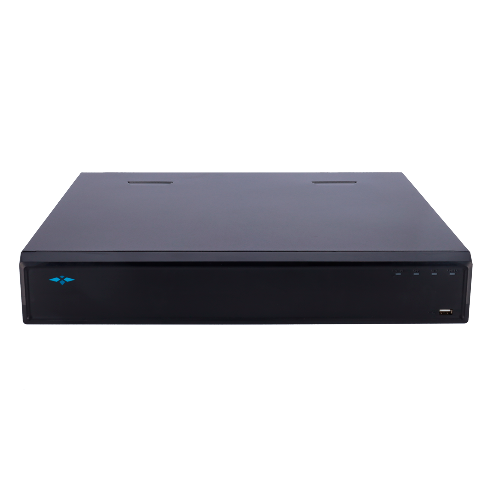 Gravador NVR X-Security 64 Canais IP 32MP IA - Sistema de Vigilância Avançado Equipamento eletrônico preto retangular com luzes e porta USB
