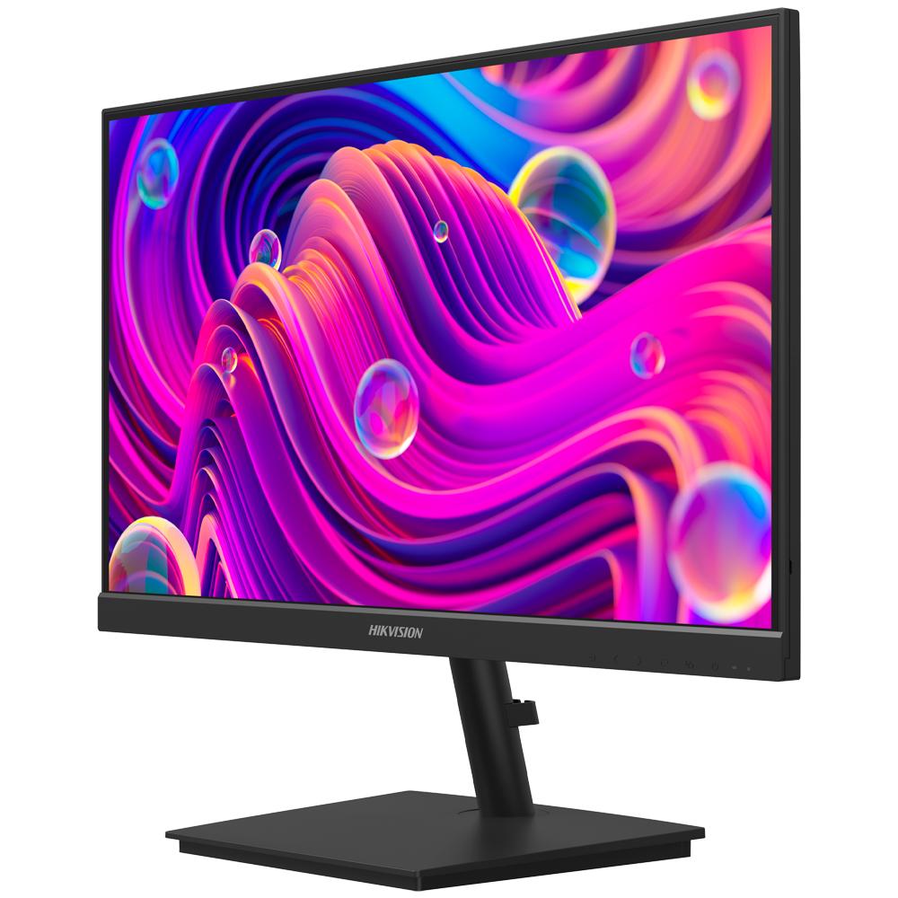 Monitor CCTV Hikvision 22" FHD 1080p | Taxa de Atualização 100Hz Monitor computador preto com ecrã colorido vibrante e suporte retangular preto.