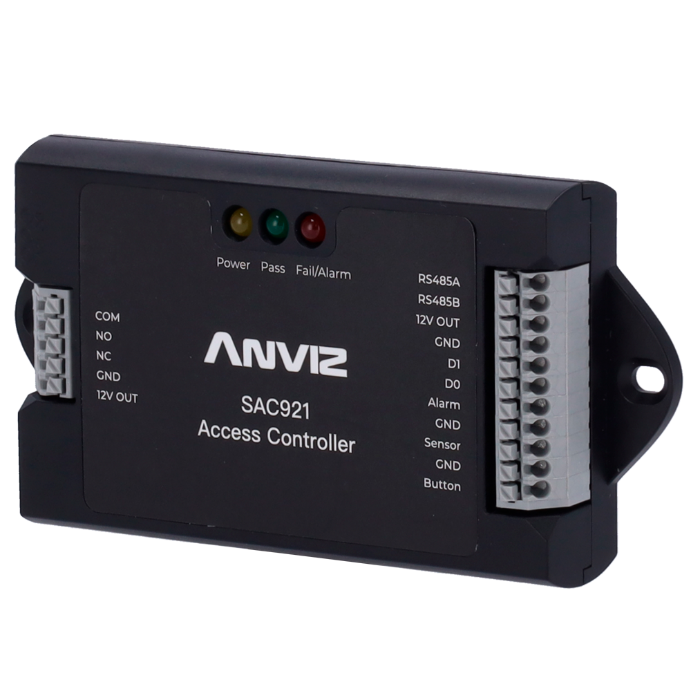 Controladora de Acesso Anviz SAC921 - Cartão/PIN, TCP/IP, WiFi, PoE Controlador de acesso ANVIZ SAC921 preto com LEDs e terminais