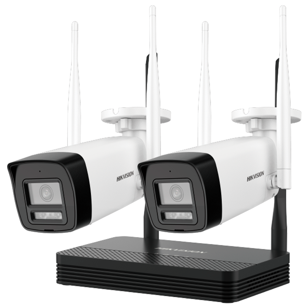 Kit Videovigilância WiFi Hikvision 2x Câmaras 4MP + NVR 4 Canais Câmaras de vigilância HIKVISION brancas e pretas com antenas em base preta