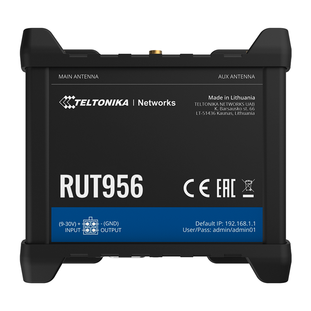 Teltonika Router 4G Industrial 4 portas Ethernet RJ45 Fast Ethernet Dual SIM 4G (LTE) Cat 4 até 150Mbps-TK-RUT956 Roteador Teltonika Networks RUT956 preto com cantos protetores