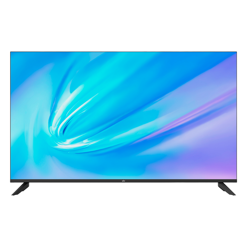 Monitor CCTV Uniview 50" 4K UHD Profissional - 3840x2160 | lojaCCTVPro Televisor grande com ecrã azul e roxo e suportes pretos.