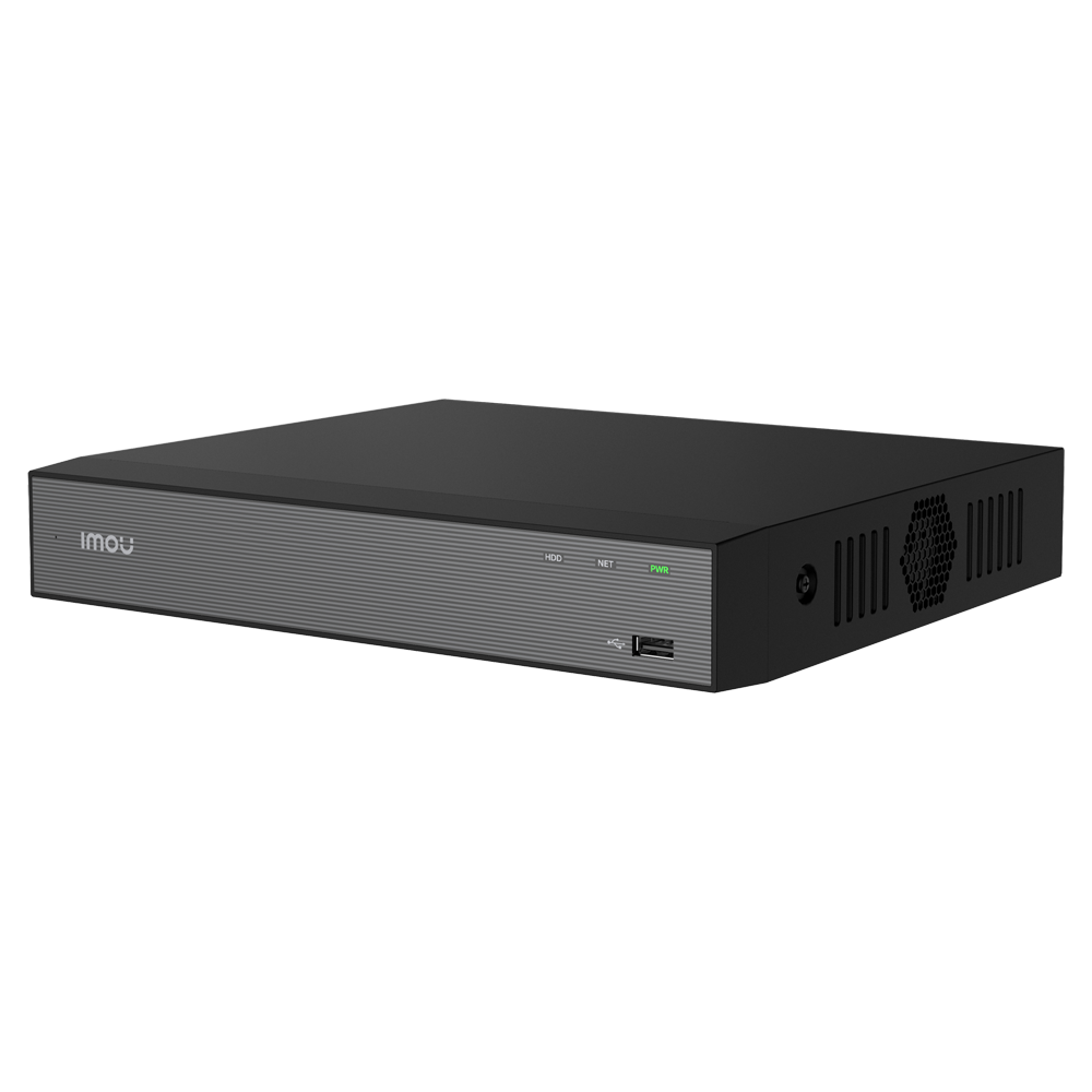 Gravador NVR IMOU NVR-N110-8A0E-P 10 Canais H.265 Dispositivo eletrónico preto com leitor USB e LEDs indicadores na frente cinzenta