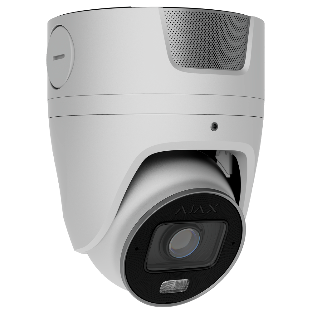 Câmara IP Turret Ajax 4MP Varifocal IP67 IK10 - PoE e Inteligência Artificial Câmara de segurança branca com lente preta circular e texto AJAX