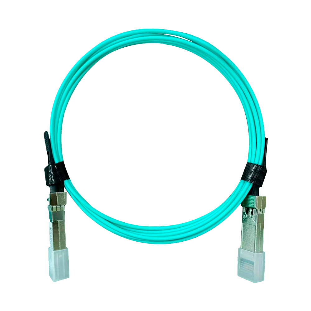 Cabo SFP+ AOC 10Gbps 1 Metro | Conexão Ótica de Alta Velocidade Cabo de fibra óptica azul-turquesa com conectores metálicos e tampas plásticas