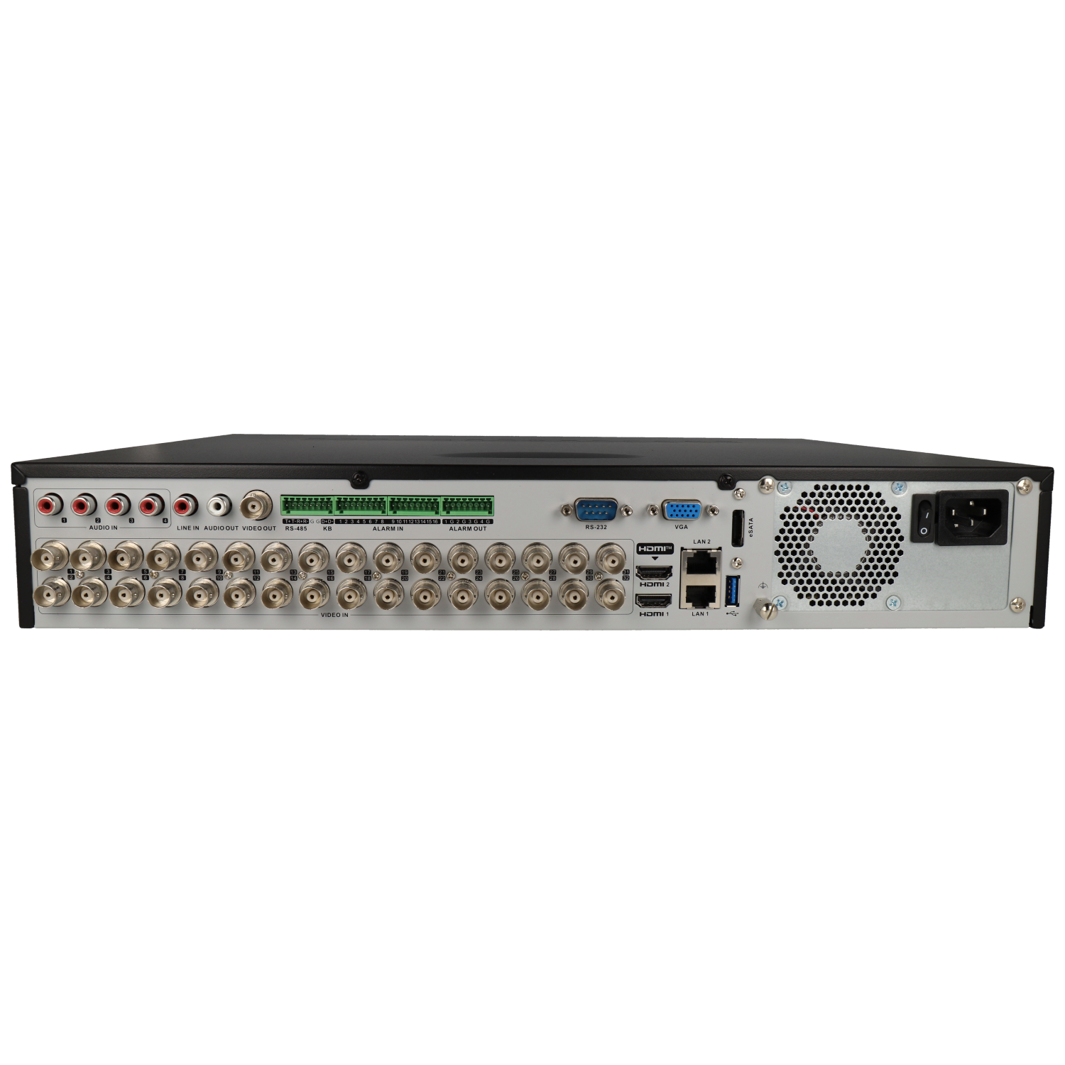 Gravador Hikvision 5 em 1 DVR/XVR, 32 Canais, 8 Mpx - Máxima Versatilidade Dispositivo eletrônico com várias portas BNC, HDMI, LAN, áudio e vídeo num fundo branco