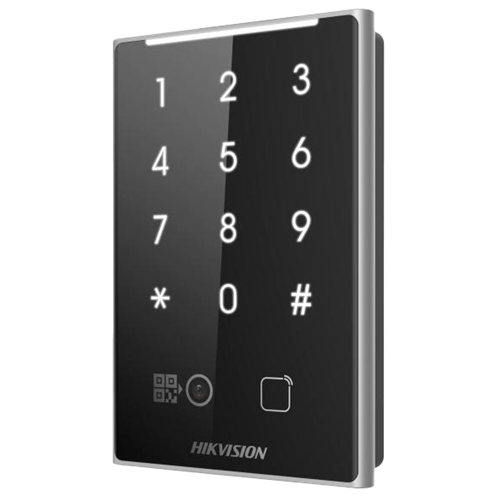 Leitor de Acesso Hikvision DS-K1109DKB-QR: Cartão MF, QR, PIN e Bluetooth Teclado numérico preto brilhante com números iluminados e logo HIKVISION
