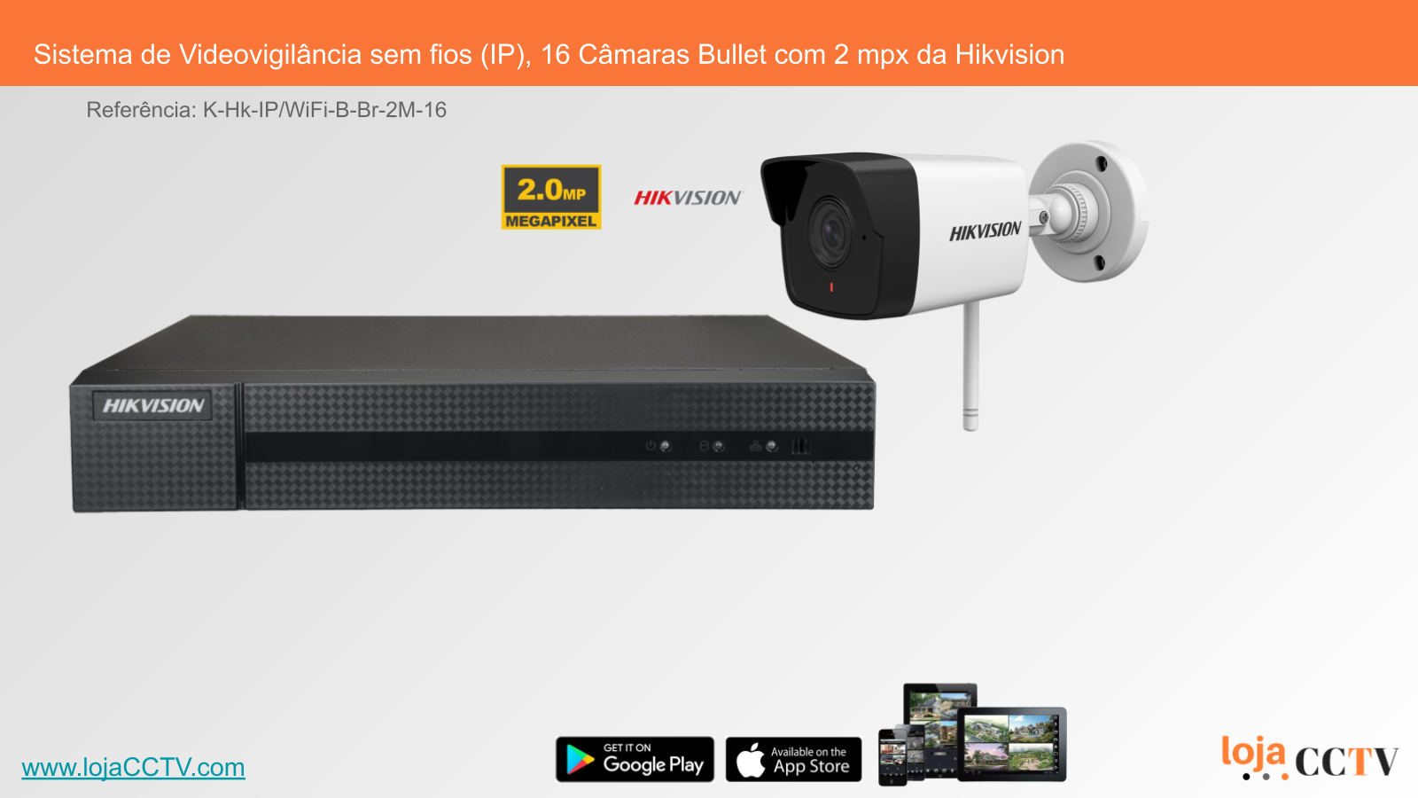 Sistema de Videovigilância sem fios (IP), 16 Câmaras Bullet com 2 mpx da Hikvision Sistema de videovigilância Hikvision com câmaras bullet e gravador preto