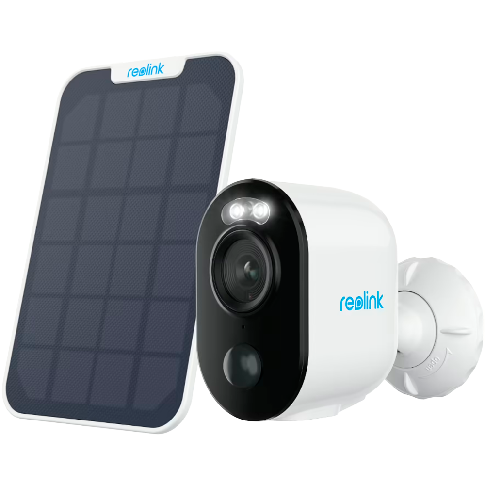 Reolink Argus Eco B310: Câmara WiFi Bateria com Painel Solar 3MP Câmara de segurança branca e preta com painel solar retangular
