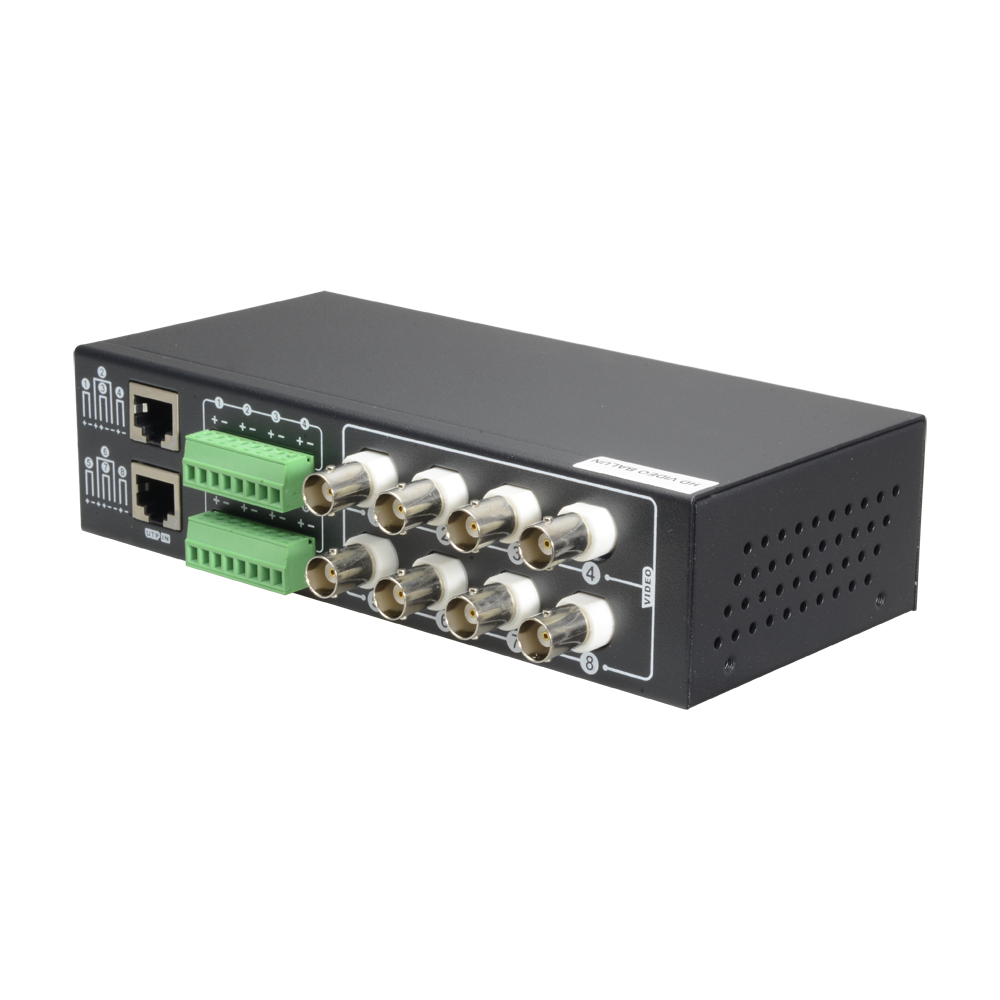Balun Vídeo 4N1 8 Canais Passivo BA608P-HD para CCTV (HDTVI/HDCVI/AHD/CVBS) Dispositivo preto com entradas vídeo e portas Ethernet