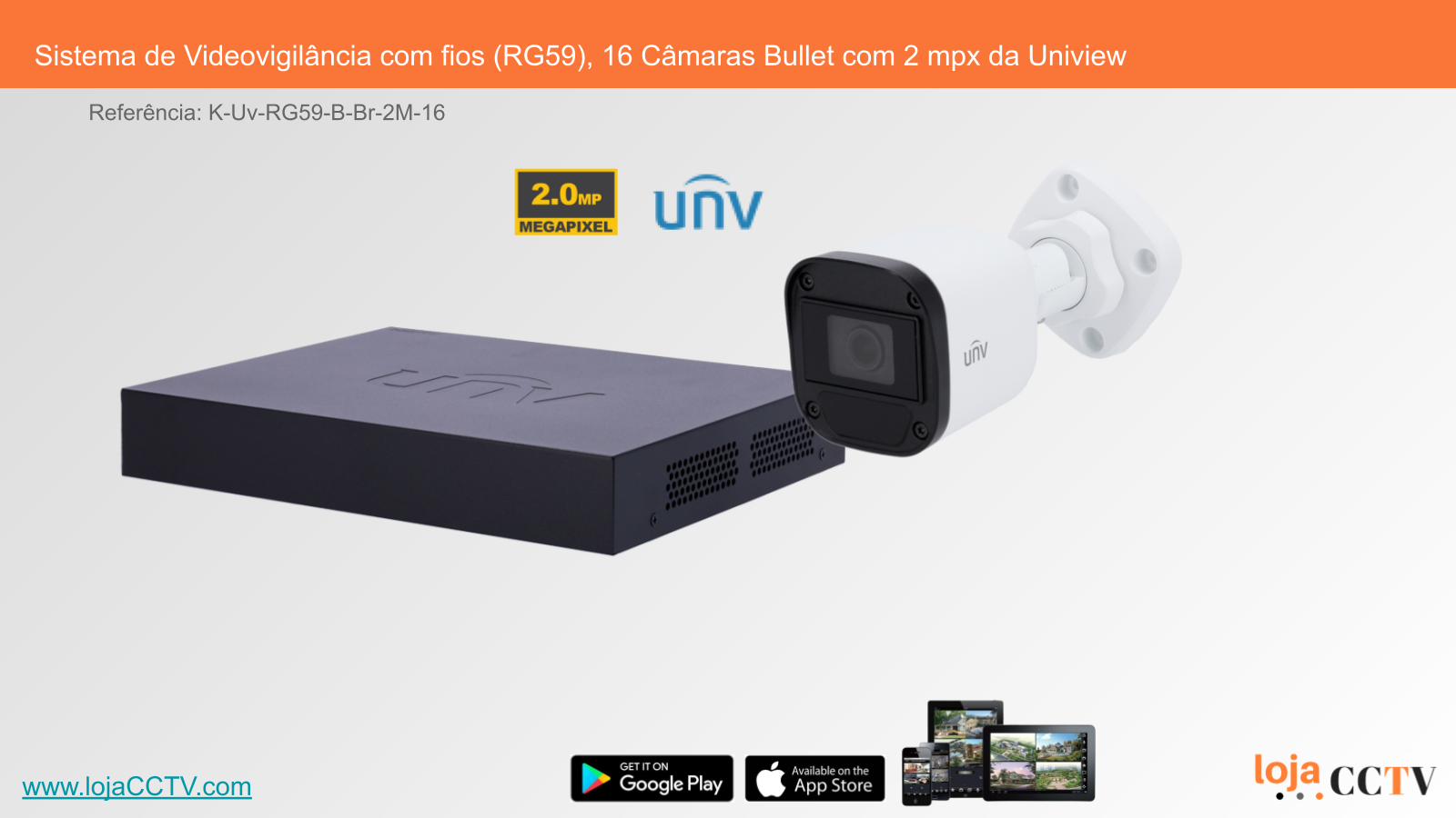 Sistema de Videovigilância com fios (RG59), 16 Câmaras Bullet com 2 mpx da Uniview Sistema de Videovigilância Uniview com gravador preto e câmara bullet branca