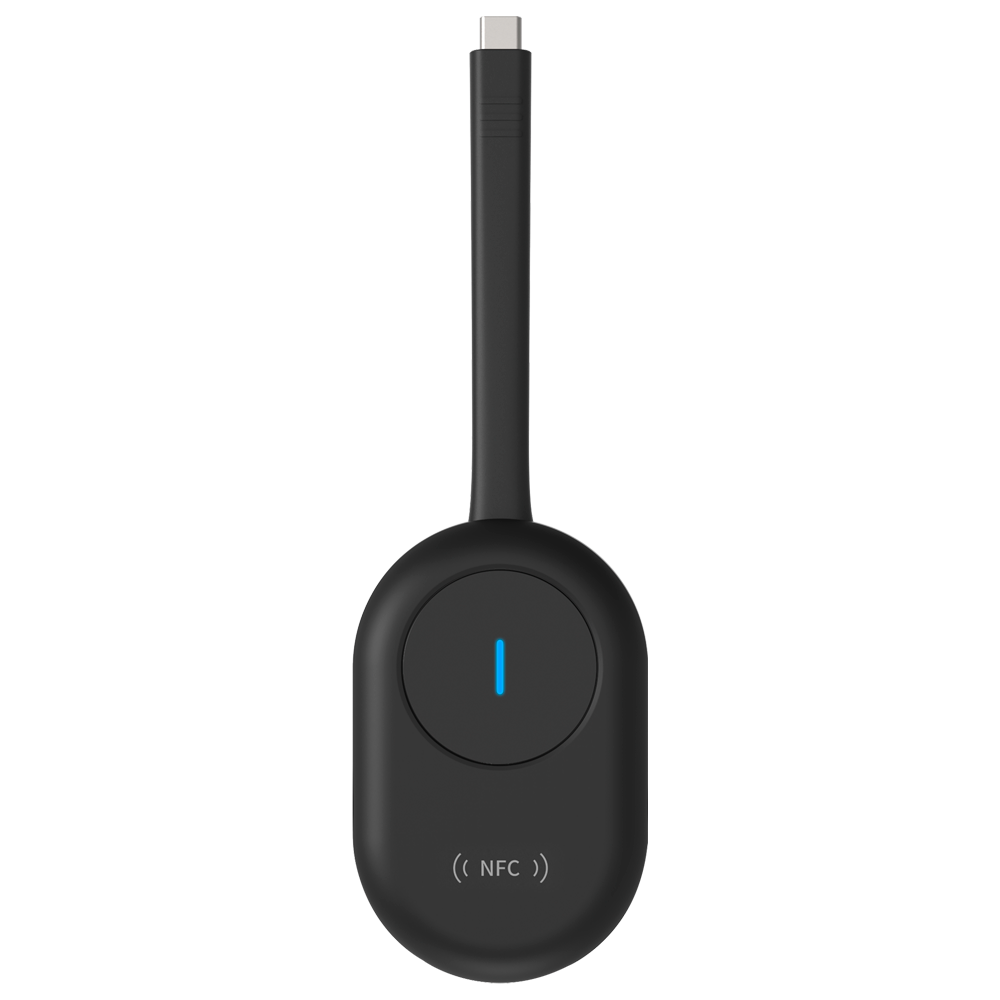 HIKVISION DS-D5SC3B-B Dongle 4K para Transmissão Sem Fios Dispositivo eletrónico preto com botão circular azul e cabo USB tipo C
