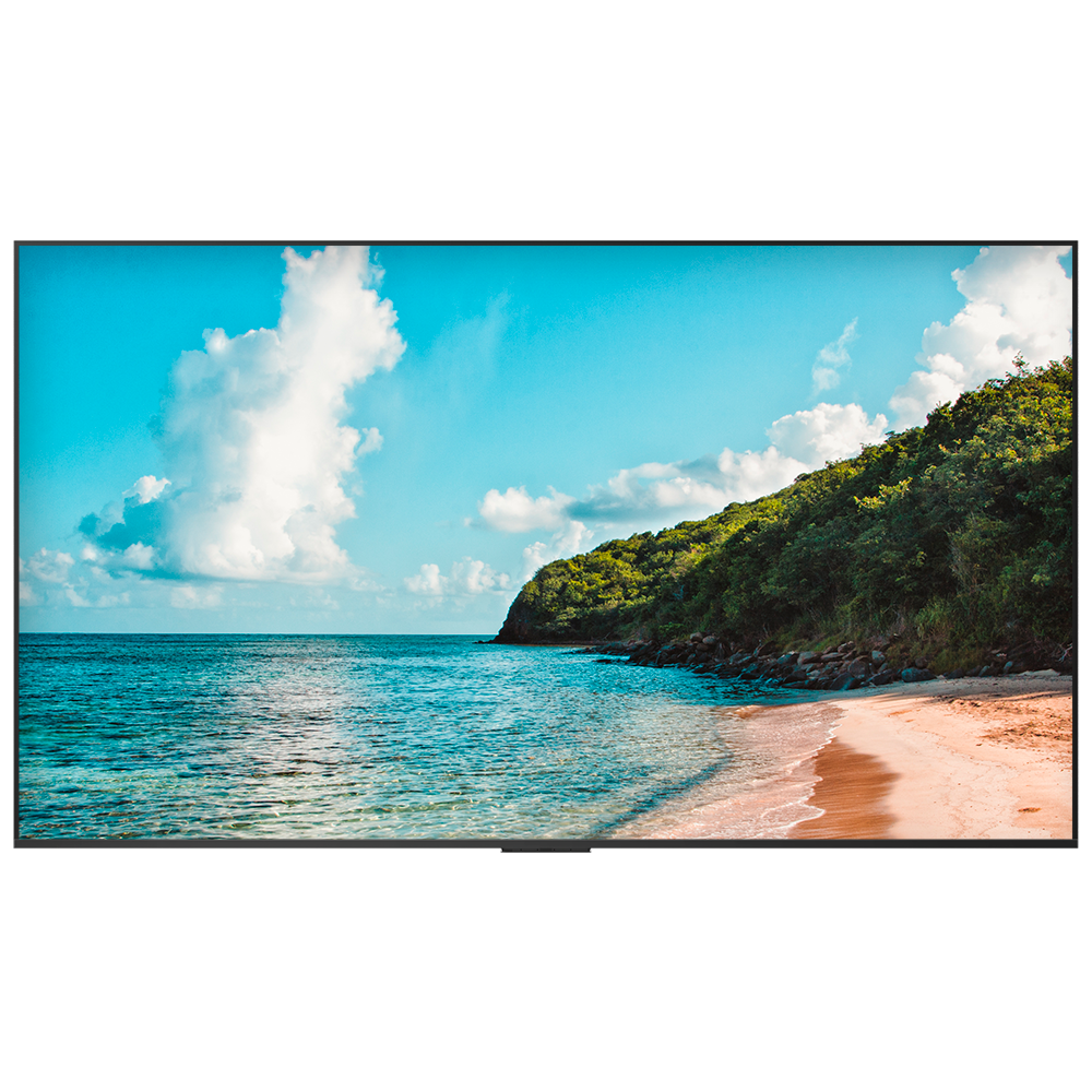 Monitor Digital Signage Hisense 100" 4K 500 nits 24/7 Televisor exibindo imagem de praia com mar azul, céu com nuvens e colina verde