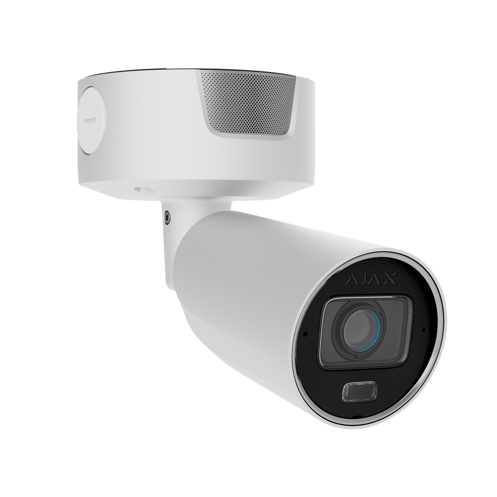 Câmara IP Bullet Ajax 4MP Varifocal PoE | IA, IP67, 60m IR - LojaCCTVPro Câmara de segurança vigilância branca com lente preta e suporte ventilado