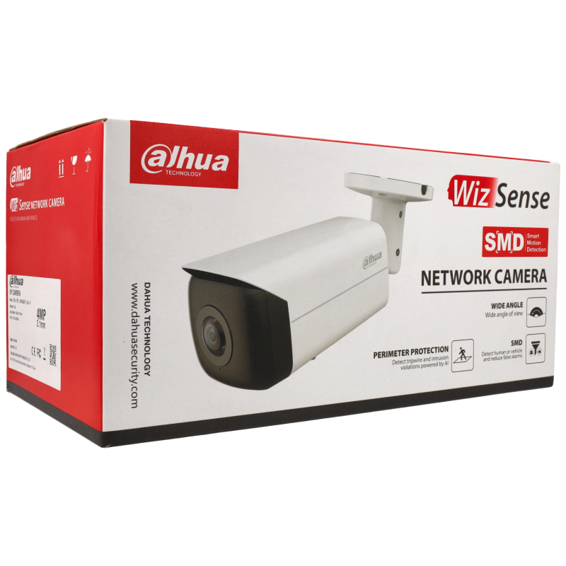 Câmara com fios (PoE) Bullet Branca 4mpx 2.1mm 20m Microfone IP67 - Dahua IPC-HFW3441T-AS-P Caixa branca e vermelha com imagem de câmara de segurança Dahua Wiz Sense