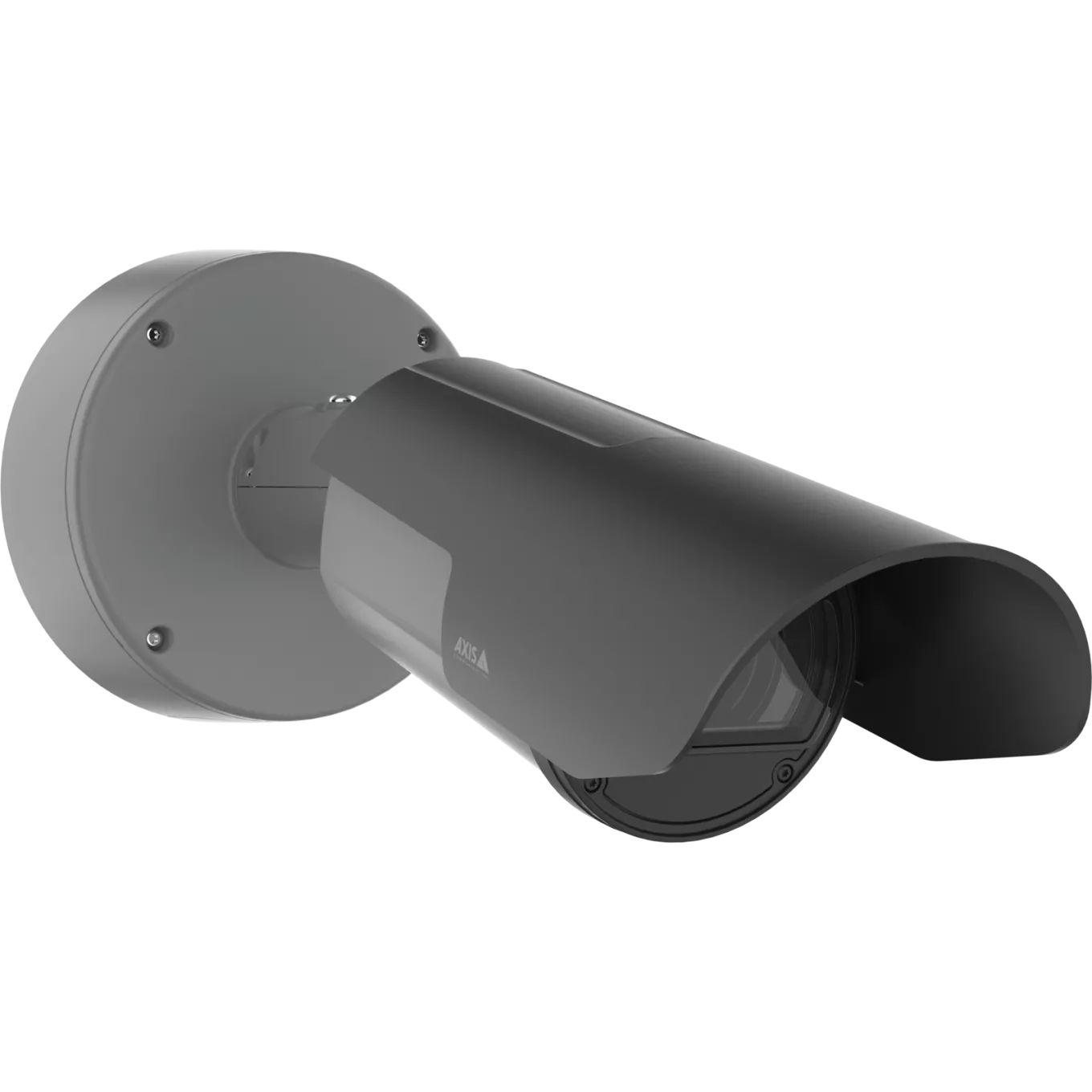 Câmara Bullet AXIS Q1800-LE LPR - Leitura de Matrículas | Alta Segurança IP66/IK10 Câmara de segurança cinza escuro com suporte circular e escudo protetor