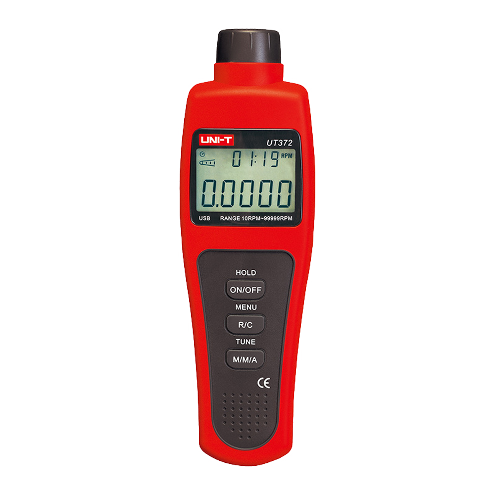 Tacómetro Digital UNI-T UT372: Medição Sem Contacto de RPM até 99999 | Alta Precisão Tacómetro digital vermelho e preto com ecrã LCD e botões funcionais