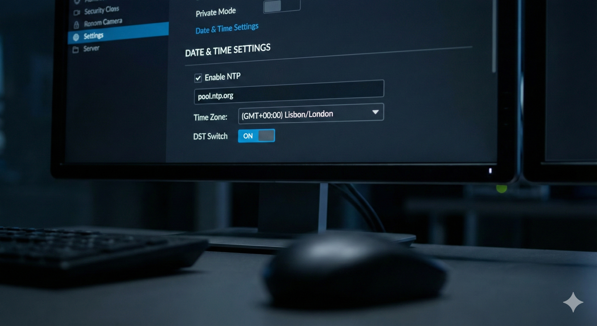 Monitor de computador com menu de configurações de data e hora visível