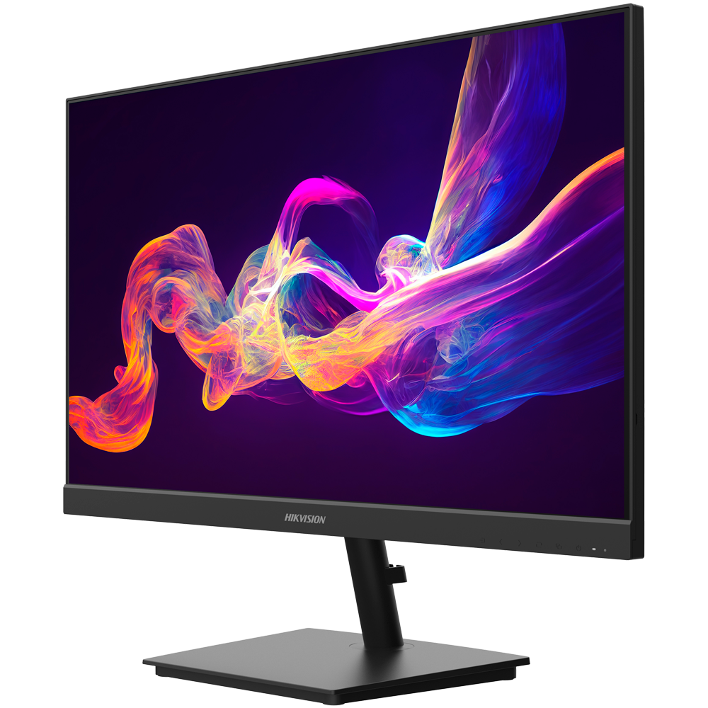 Monitor CCTV Hikvision 24" FHD 1080p - Ideal para Monitorização Profissional Monitor preto HIKVISION com imagem colorida abstrata no ecrã