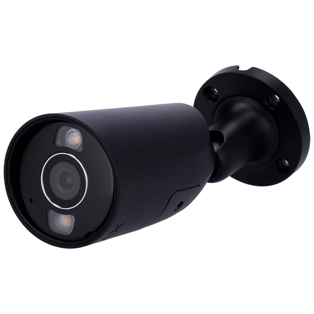Câmara Bullet IP 5MP Ajax com Visão Noturna e Inteligência Artificial Câmara de vigilância preta com suporte em fundo branco