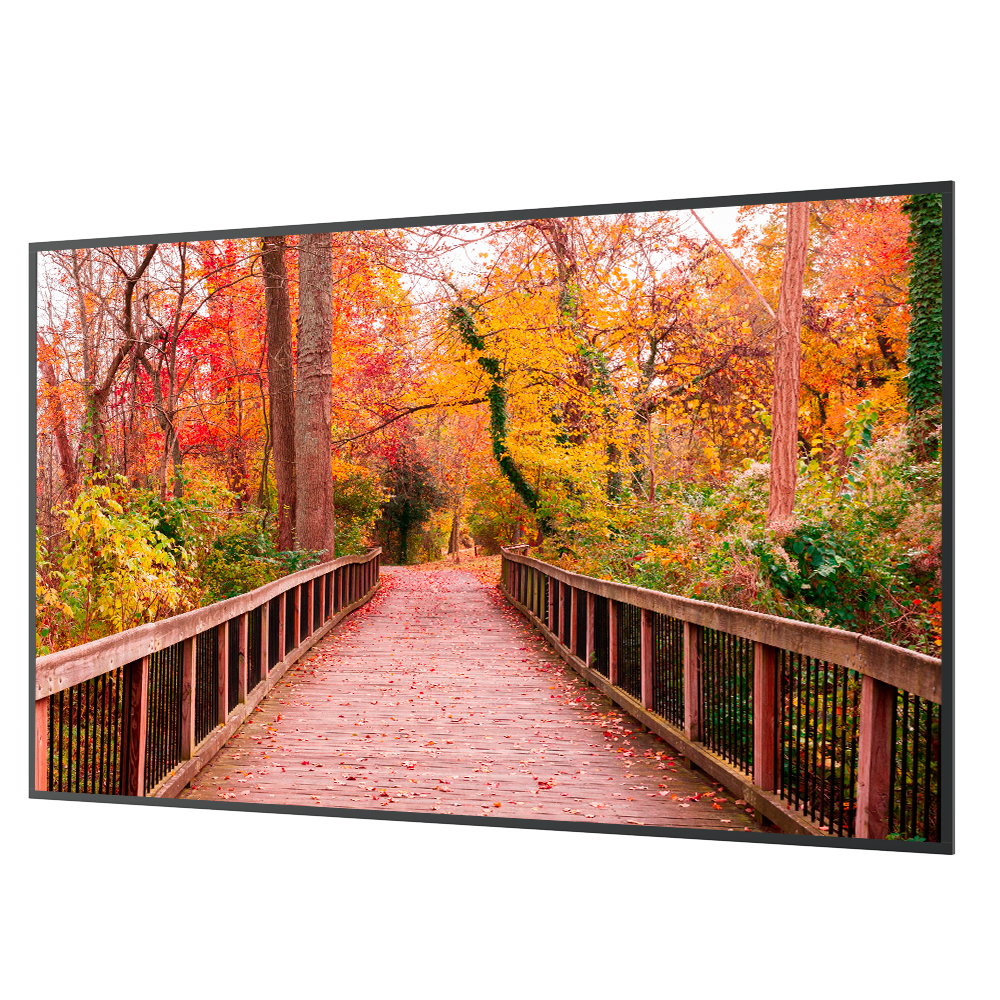 Monitor Safire 85" 4K Sinalização Digital | SF-85DS50 Monitor curvo com imagem de ponte em madeira e árvores de outono