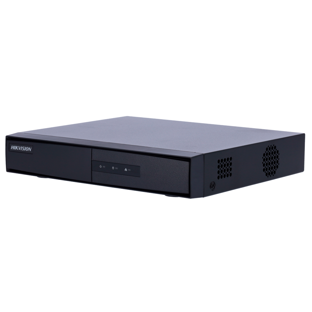 Gravador NVR Hikvision 8 Canais 4MP DS-7108NI-Q1/M(D) Gravador de vídeo digital HIKVISION preto com luzes indicadoras e grelhas de ventilação