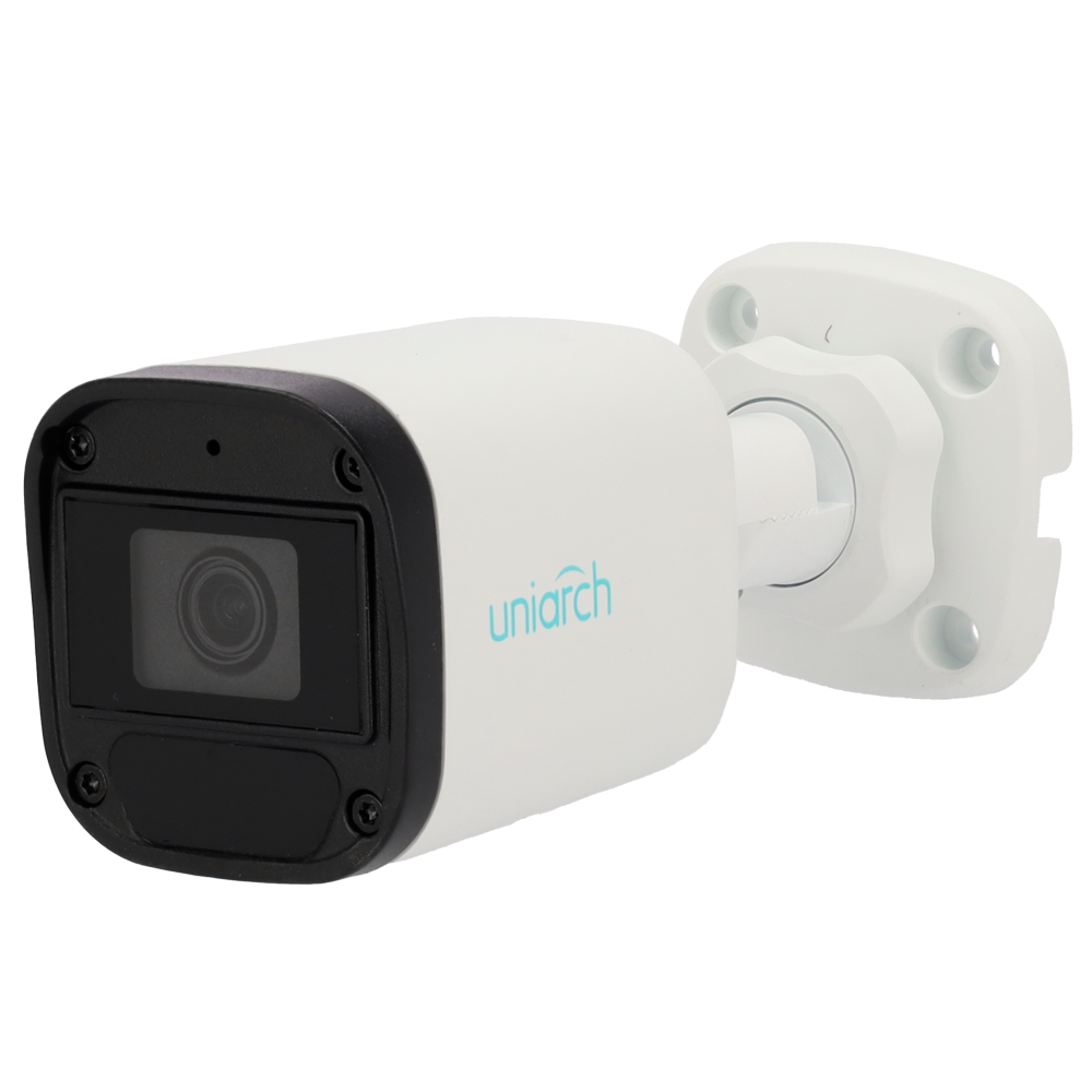 Câmara IP Bullet 4MP Uniarch UV-IPC-B124-APF40K PoE IR 30m H.265+ Lente 4.0mm Exterior Câmara de vigilância branca Uniarch com lente preta e suporte de montagem