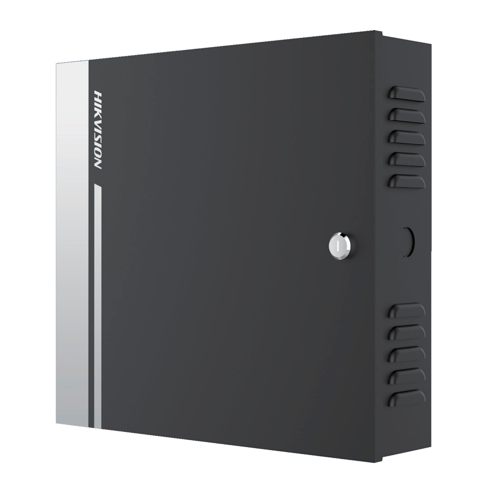 Controladora de Acesso Hikvision DS-K2812 para 2 Portas com Leitor Wiegand e RS485 Caixa metálica preta com fechadura e logo HIKVISION