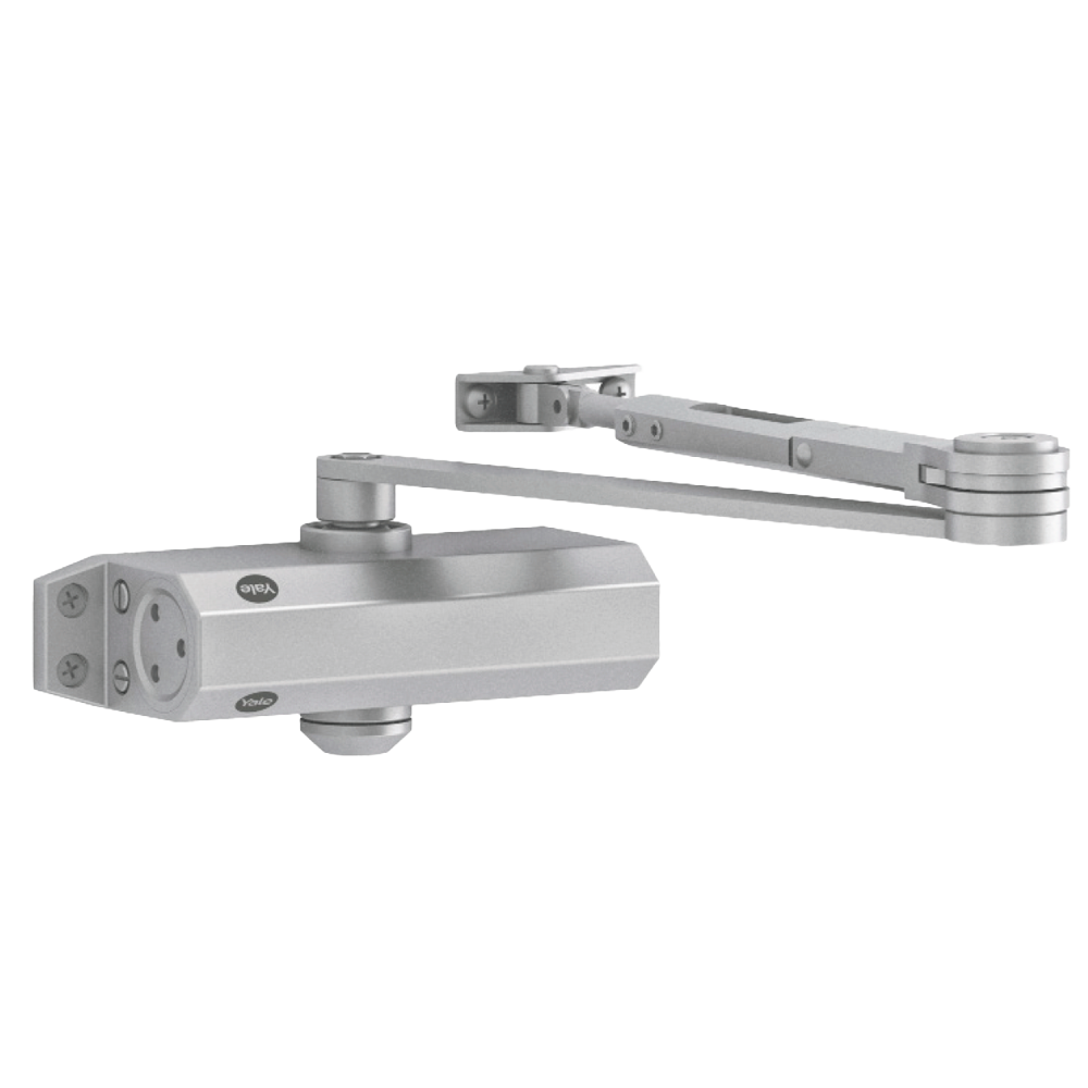 Yale Mola Aérea Prateada para Porta até 80kg com Retenção Fechador hidráulico de porta Yale prata com braço articulado