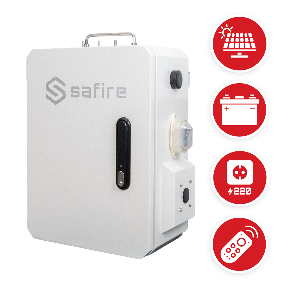 Smartbox Safire SF-BOX5038: Central de Energia PoE Dual Solar/AC | Sistemas de Segurança Armário metálico branco com pega preta e logótipo Safire
