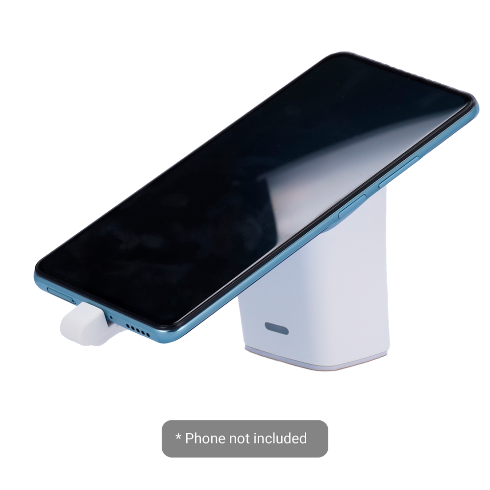 Safire Suporte Antirroubo EAS USB-C para Telemóveis - Segurança Avançada Suporte de smartphone branco com telemóvel azul em cima