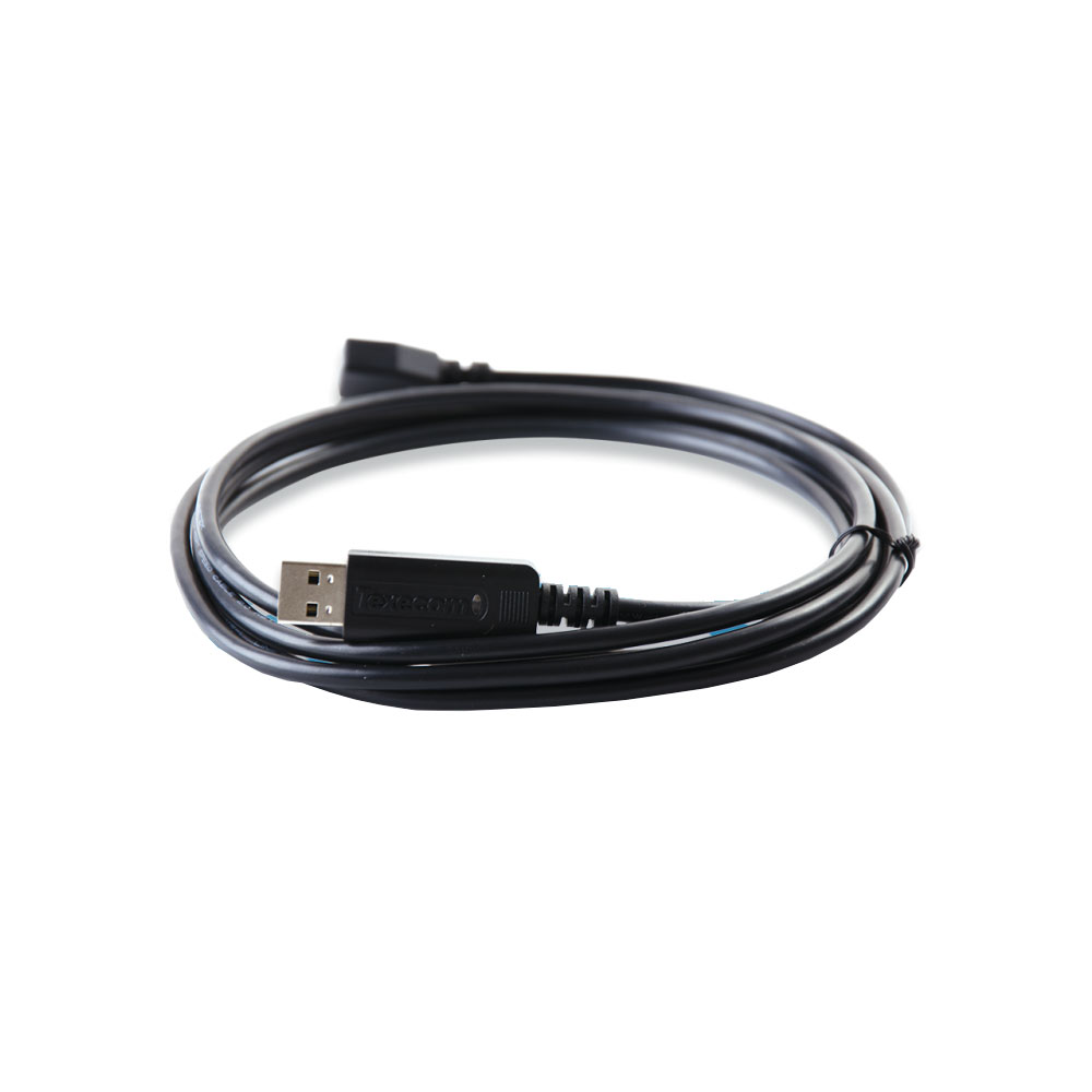 Cabo de Programação USB Texecom JAC-0001 para Centrais de Intrusão Premier Elite Cabo USB preto enrolado com conector tipo A e marcação em fundo branco