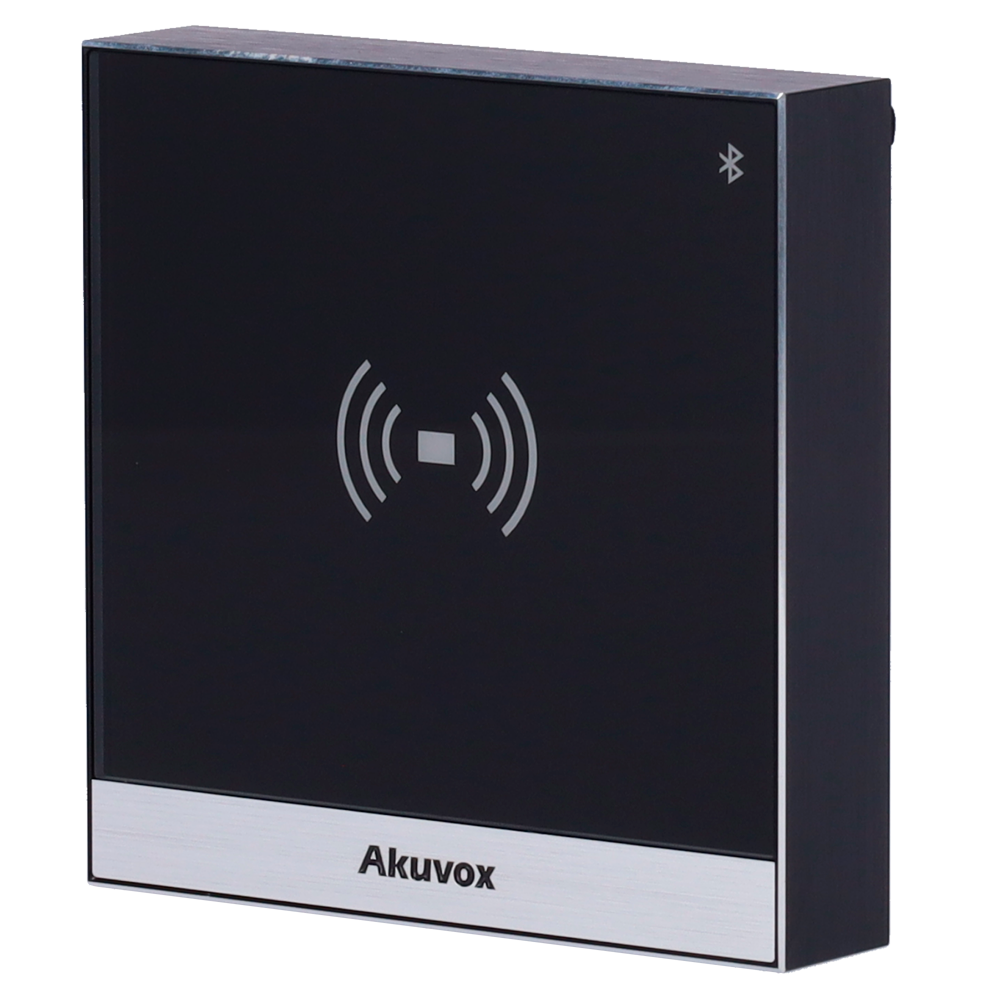 Controlo de Acesso Akuvox A03S RFID EM/MF, NFC, BLE, IP65 Leitor de cartão/tags RFID preto com símbolo Bluetooth e marca Akuvox na base