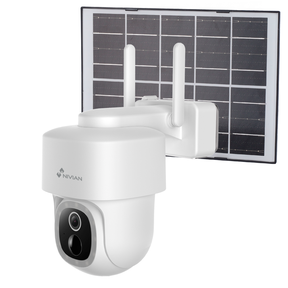Câmara WiFi Exterior 2K Nivian NVS-IPC-08S-BATSOLAR-L | PT Motorizada com Bateria e PIR Câmara de segurança branca NVIVIAN com painel solar