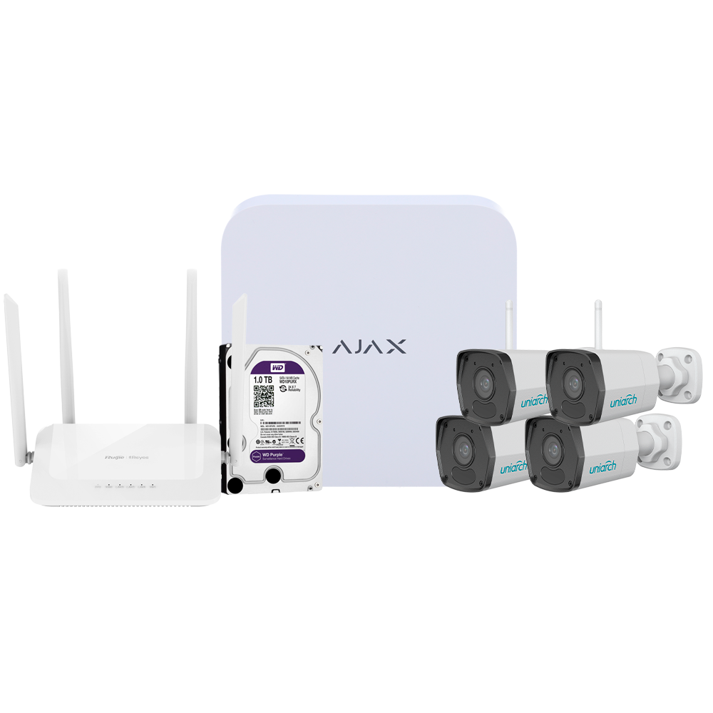 Kit Videovigilância Ajax: NVR 8 Canais + 4 Câmaras Uniarch 2MP + Router + 1TB HDD Equipamento de segurança com câmaras, disco rígido, unidade central AJAX e router