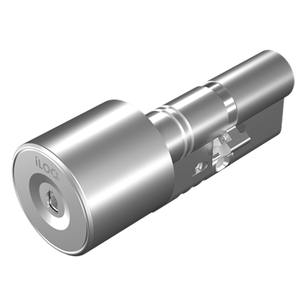 Cilindro Eletrónico iLOQ S5 30/30 - Segurança Digital sem Chaves Tradicionais Cilindro de porta metálico prateado com gravação iLOQ.