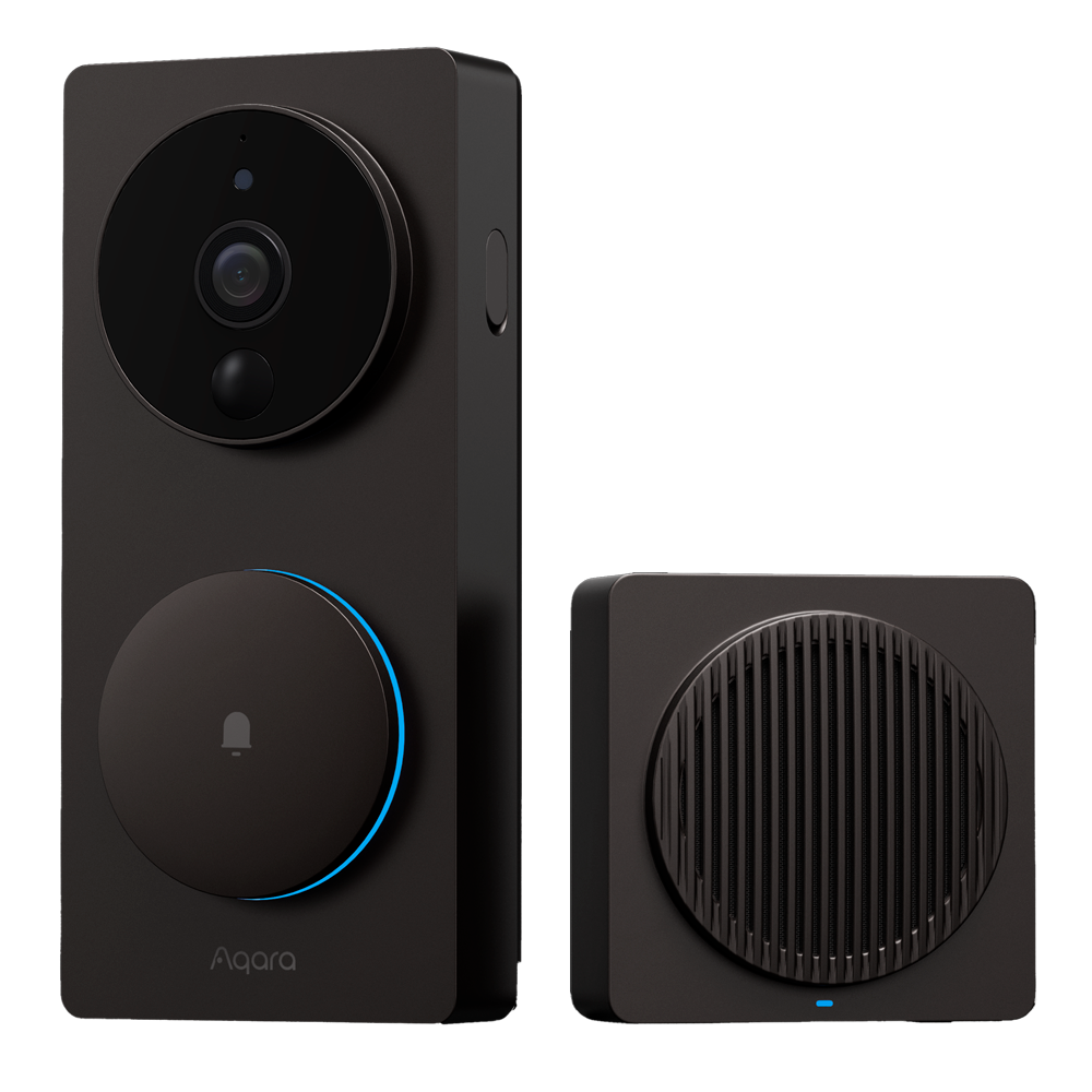 Aqara Smart Video Doorbell G4: Campainha de Vídeo Inteligente com IA e Zigbee Campainha inteligente preta Aqara com câmera e aparelho receptor preto