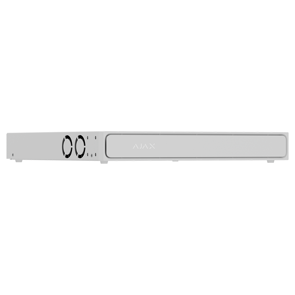 Gravador NVR PoE Ajax AJ-NVR216-HAC-8P-W - 16 Canais, 8x PoE, 12MP Dispositivo eletrónico cinzento claro com ventoinhas e logótipo AJAX