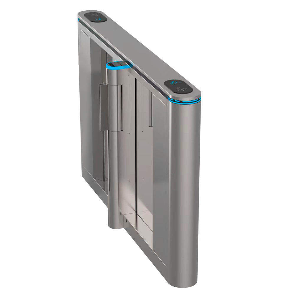 Torno de Acesso Motorizado Bidirecional TURBOO TS-SG808-M | Controle de Acesso Avançado Passadeira automática de controlo de acesso em aço inoxidável com painéis de vidro transparentes e iluminação LED azul.