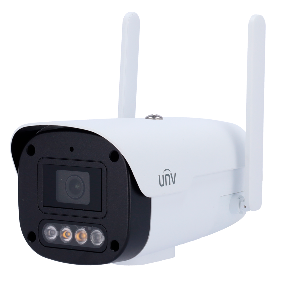Câmara Bullet IP 4G Uniview 2MP Lente 6mm (Longo Alcance) Câmara de vigilância branca com marcador 'Unv' e duas antenas