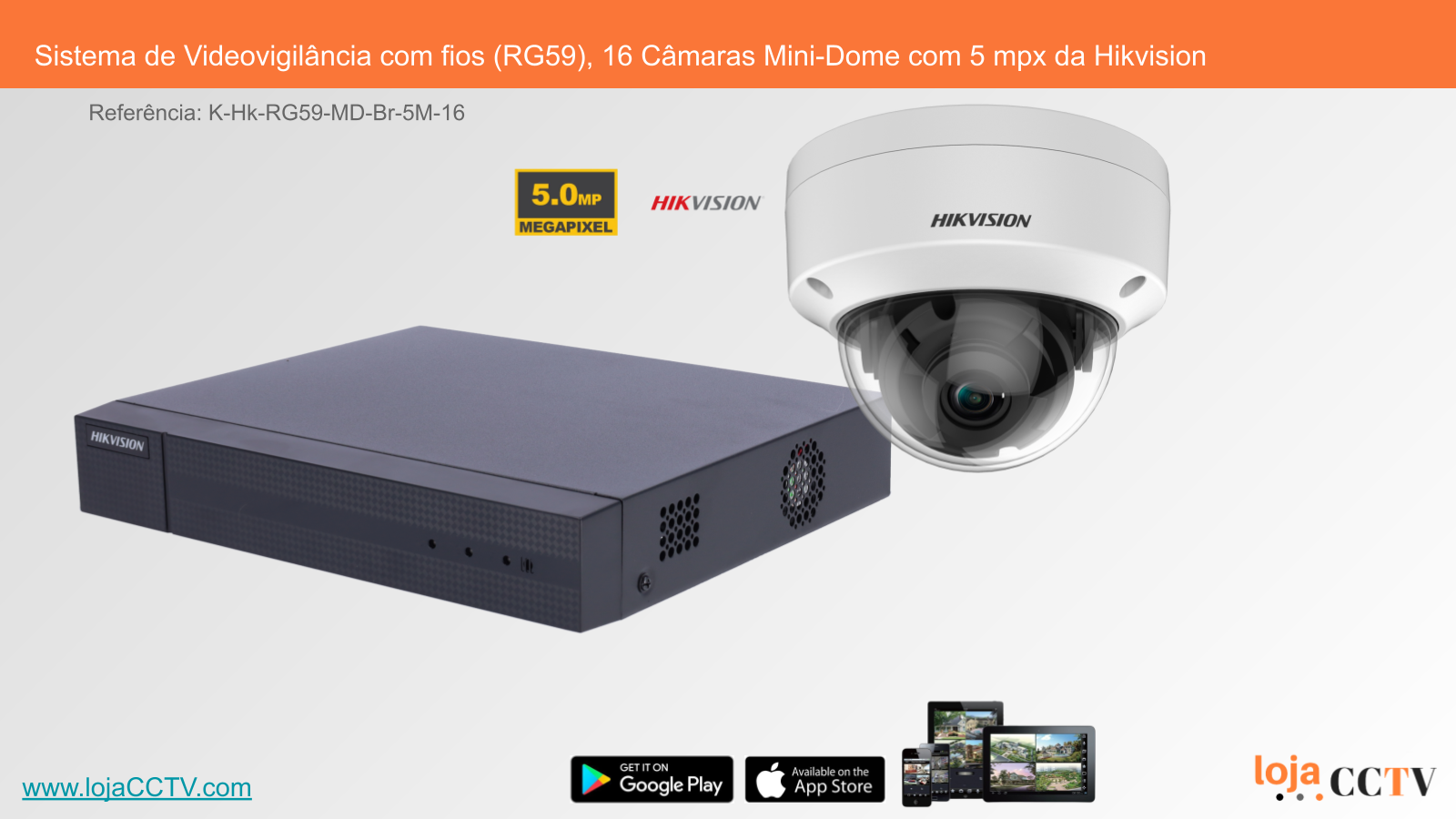 Sistema de Videovigilância com fios (RG59), 16 Câmaras Mini-Dome com 5 mpx da Hikvision Sistema de videovigilância com 16 câmaras Mini-Dome Hikvision e gravador digital preto
