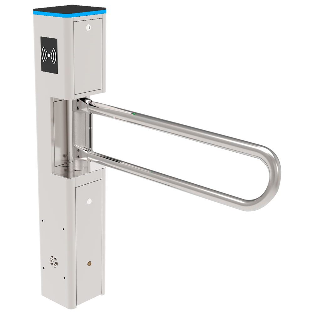 ZKTeco Torniquete Aço Inox 304 Motorizado 800mm para Controlo de Acesso Barreira de segurança metálica branca com barras articuladas cromadas e símbolo de ondas para cartão