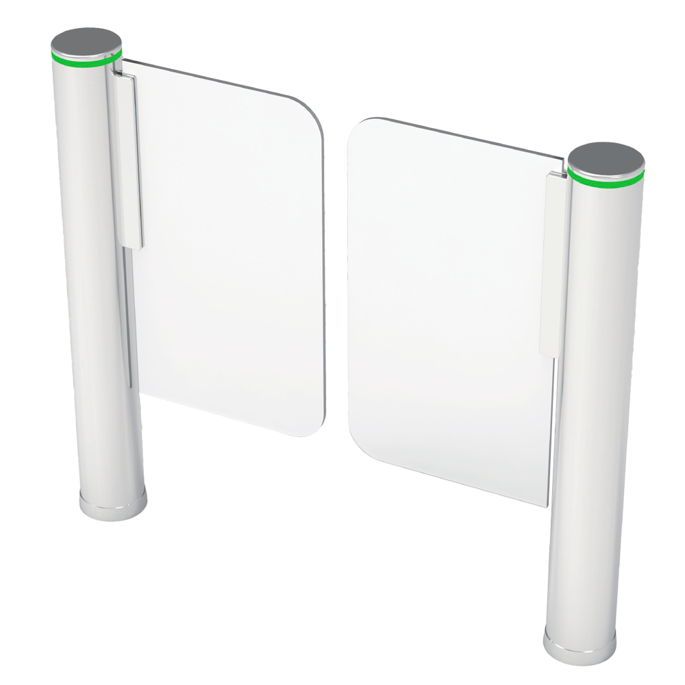 ZKTeco Torniquete Motorizado Aço Inox 1200mm Passagem Ampla Porta de segurança automática com painéis brancos entre postes metálicos prateados