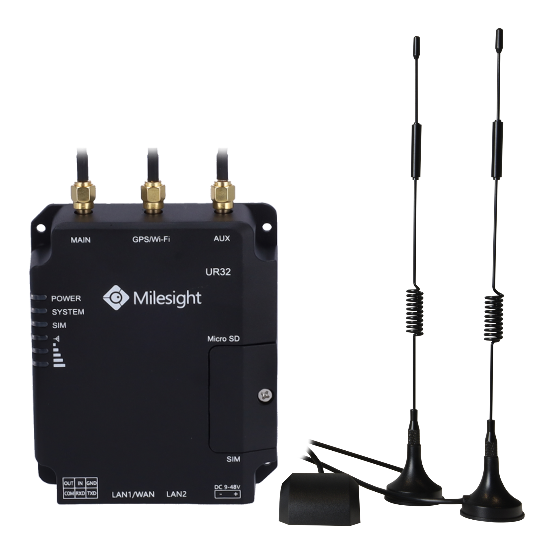 Router Industrial 4G GPS PoE 2 portas RJ45 10/100 - Milesight-Milesight MS-UR32-L04EU-G-P Dispositivo preto Milesight UR32 com antenas e textos indicativos