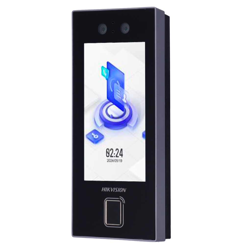 Hikvision DS-K1T344EBFWX-E1: Controlo de Acesso Facial PoE IP65 Dispositivo eletrónico preto com ecrã colorido e sensor de impressão digital