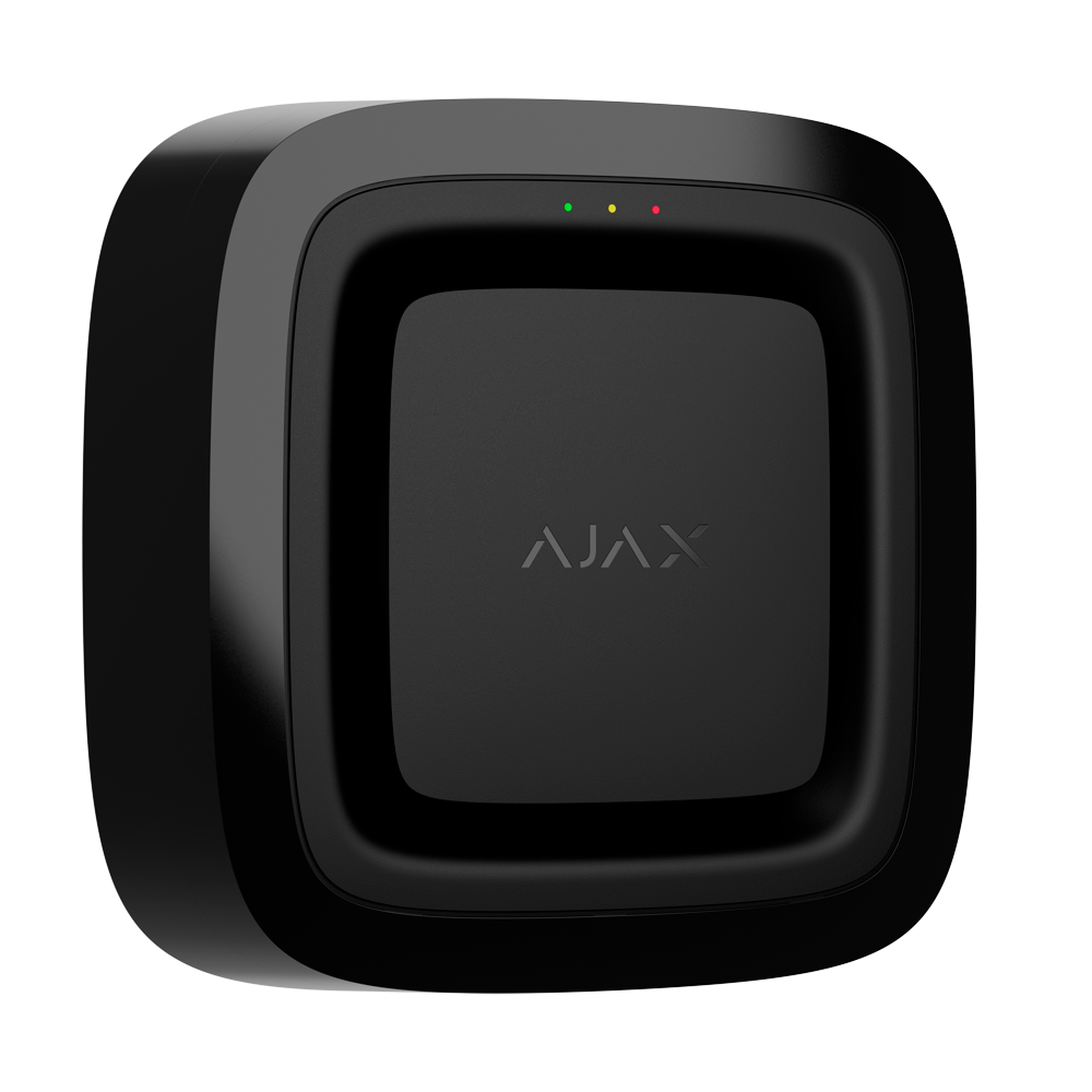 Sirene de Incêndio Sem Fios Ajax EN54-SOUNDER-B para Sistemas de Alarme Dispositivo quadrado preto com LEDs verdes, amarelo e vermelho e texto AJAX no centro.