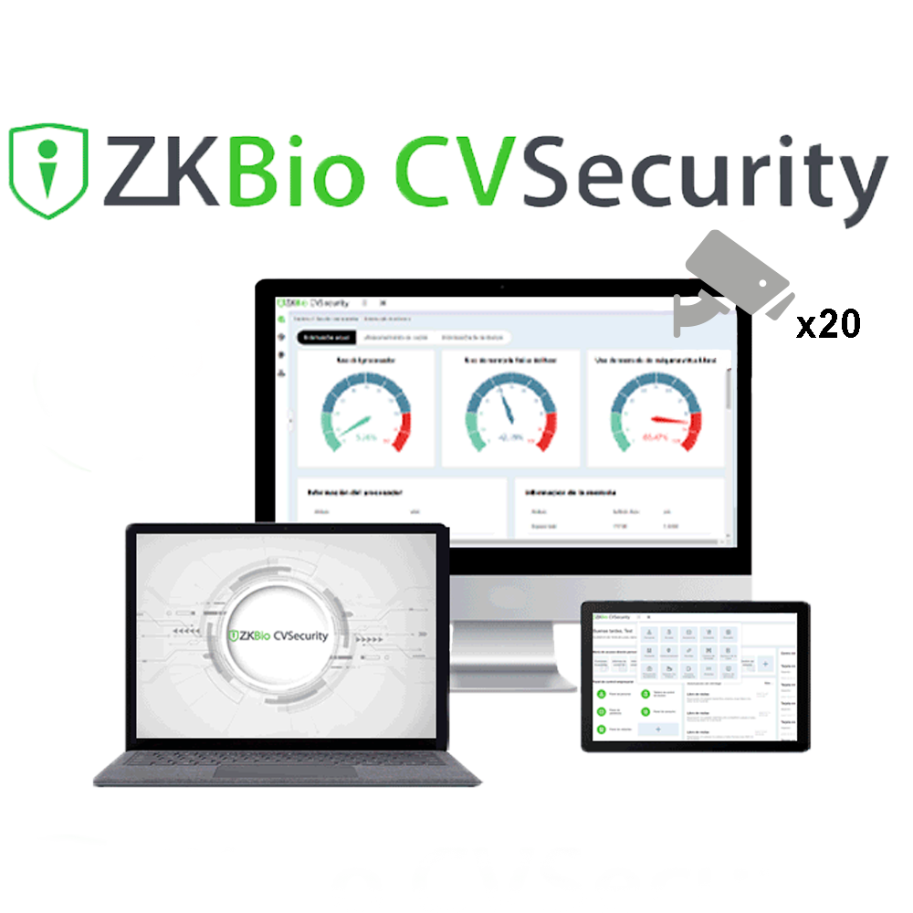 ZKTeco Software Controlo Acesso Módulo CCTV 20 Canais ONVIF Imagem promocional do software ZKBio CVSecurity com múltiplos dispositivos e selo de licença