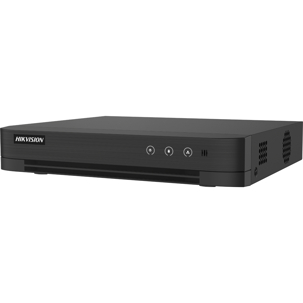 DVR Híbrido Hikvision 8 Canais Analógico / 16 IP AcuSense 4K | Sistema de Segurança Pro Dispositivo eletrônico preto com logo HIKVISION no canto esquerdo