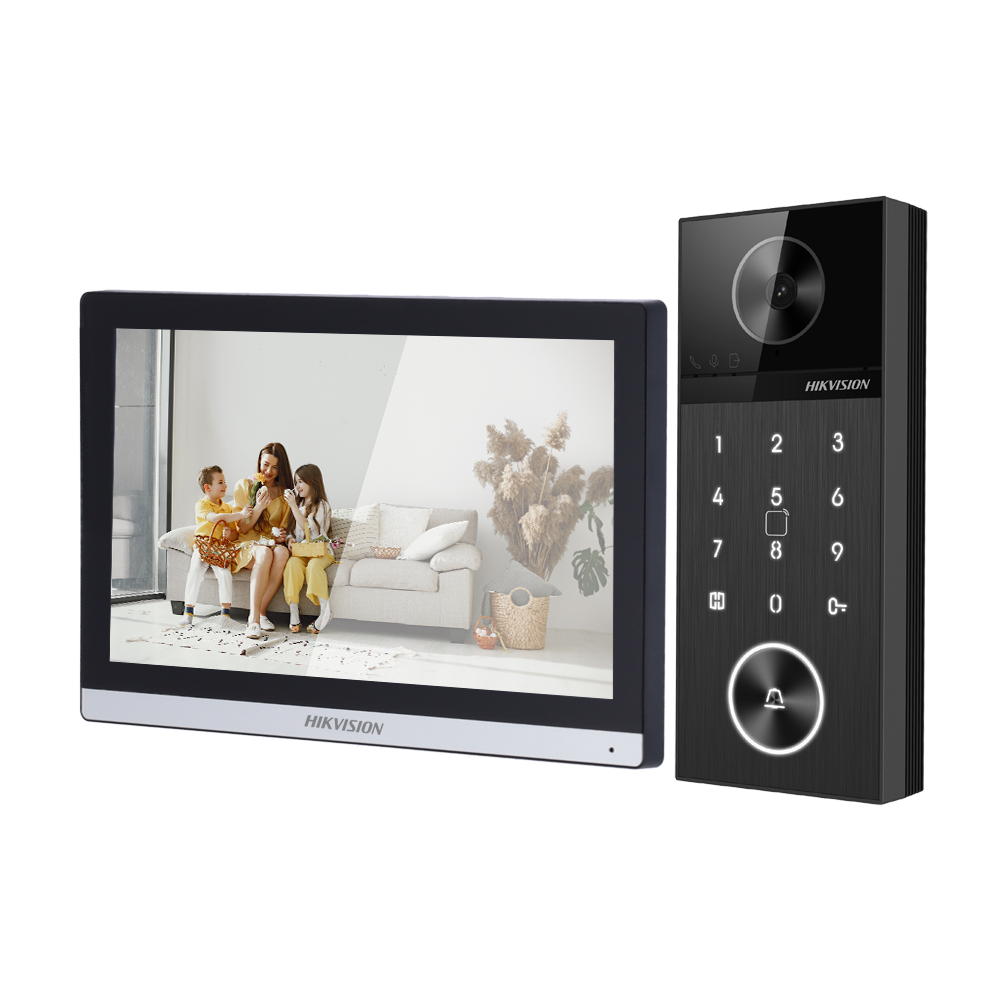 Kit Videoporteiro IP/WiFi Hikvision DS-KIS612-P | 4MP, Leitor MF, Bluetooth Videofone HIKVISION com monitor e unidade externa preta com teclado iluminado